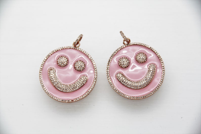 CZ Micro Pave Pink Enamel 38mm Smiley Disc