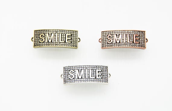 CZ Micro Pave 13x31mm Antique Color Curved Rectangle Shape "SMILE" Connector with Hole