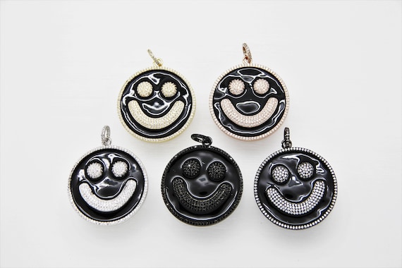 CZ Micro Pave Black Enamel 38mm Smiley Disc