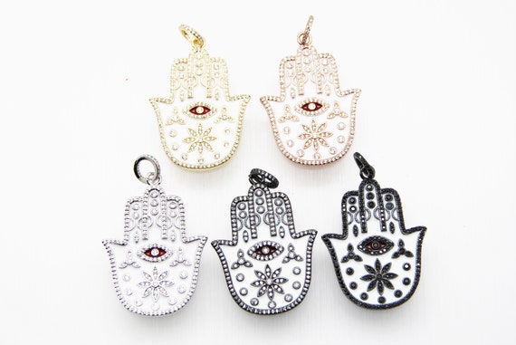 CZ Micro Pave Enamel 33x41mm Hamsa Pendant