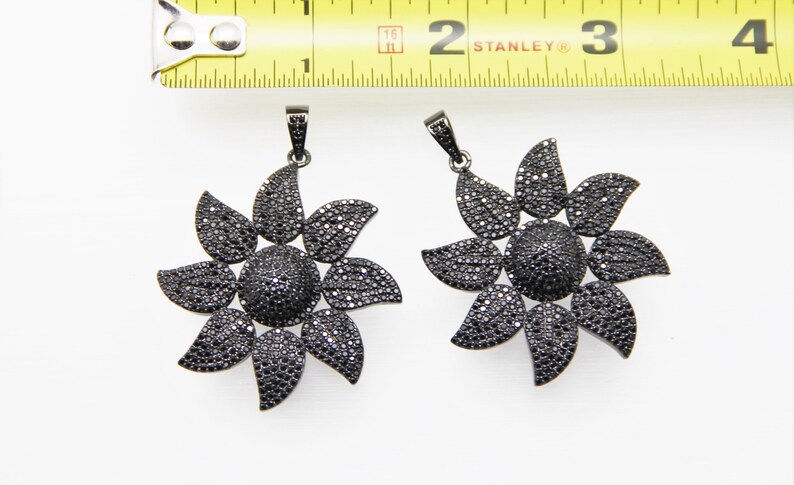 Black CZ Micro Pave 40mm 3D Flower Pendant With CZ Bail