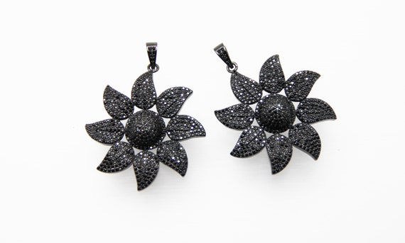 Black CZ Micro Pave 40mm 3D Flower Pendant With CZ Bail