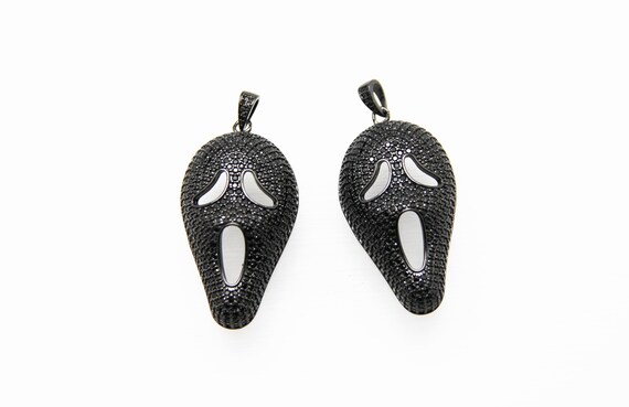 Black CZ Micro Pave 26x45mm  3D Ghost Face with CZ Bail Pendant