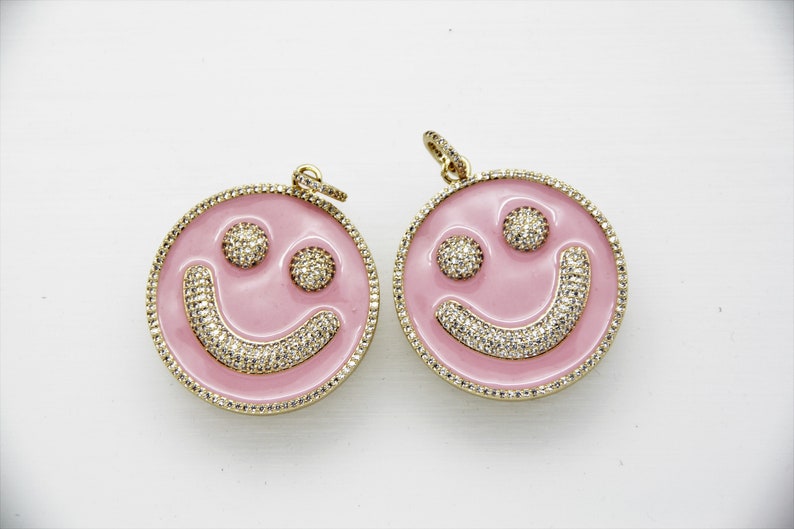CZ Micro Pave Pink Enamel 38mm Smiley Disc