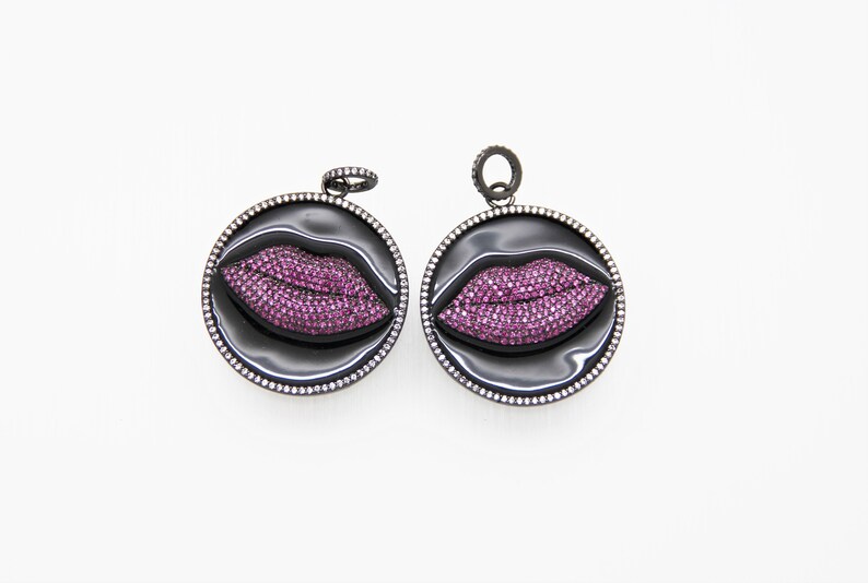CZ Micro Pave Enamel 35mm Disc With Red Lip