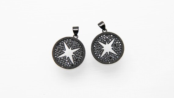 Black CZ Micro Pave 19mm  Disc With Hollow Star Pendant