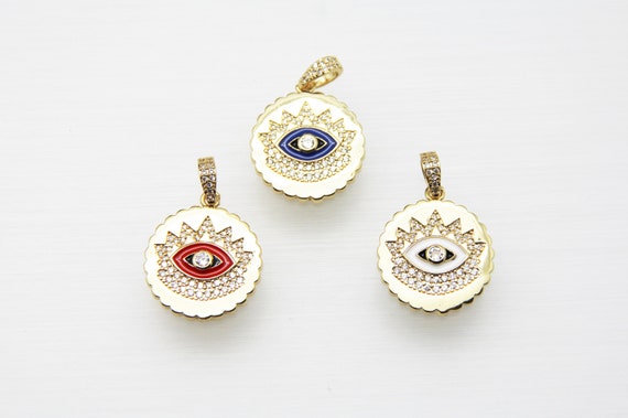 CZ Micro Pave Enamel 24mm Disc With Evil Eye Pendant