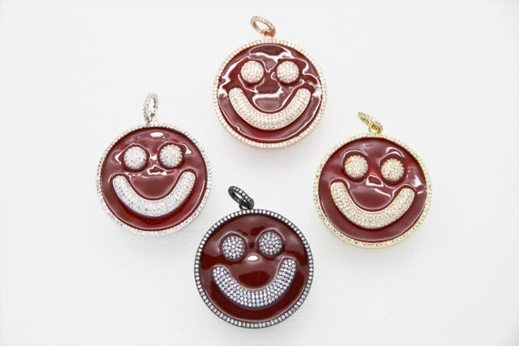 CZ Micro Pave Red Enamel 38mm Smiley Disc