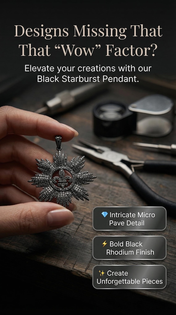 Black CZ Micro Pave 40mm Starburst Pendant With CZ Bail