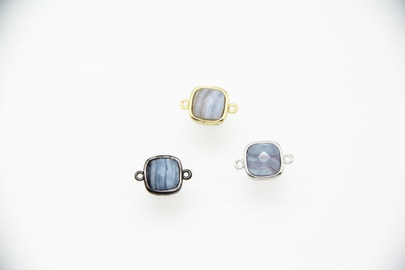 Blue Lace Agate 10x10mm Square Shape Brass Bezel Setting Connector