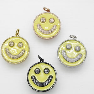 CZ Micro Pave Yellow Enamel 38mm Smiley Disc