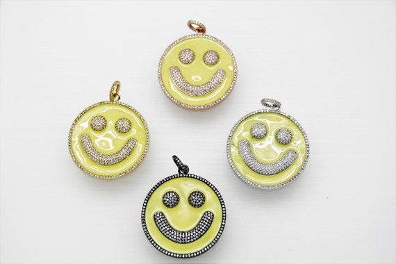 CZ Micro Pave Yellow Enamel 38mm Smiley Disc