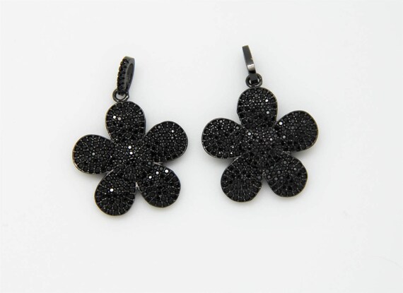 Black CZ Micro Pave 25mm Flower Pendant With CZ Bail