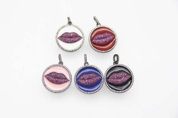 CZ Micro Pave Enamel 25mm Disc With Red Lip