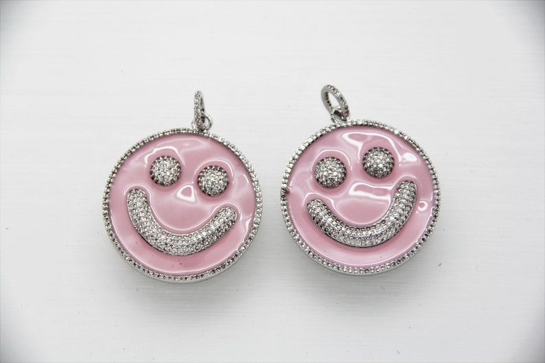 CZ Micro Pave Pink Enamel 38mm Smiley Disc