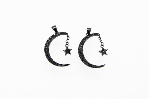 Black CZ Micro Pave 28mm Moon & Star Pendant