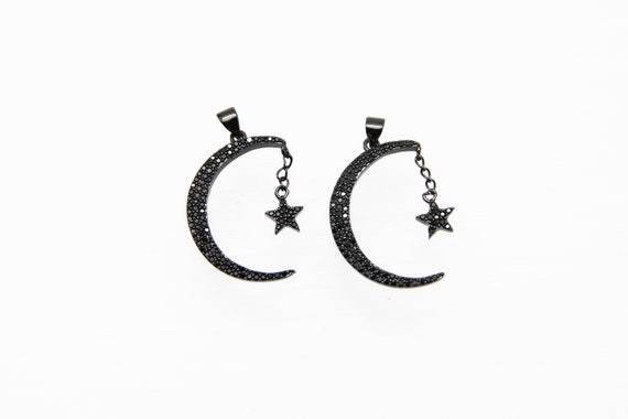 Black CZ Micro Pave 28mm Moon & Star Pendant