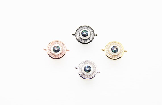 Abalone Mosaic With CZ Micro Pave 15mm Coin Evil Eye Connectors