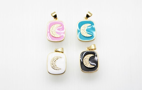 CZ Micro Pave Enamel 14x17mm Tag With Moon Charm