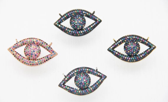 Mixed Color CZ Micro Pave 17x30mm Evil Eye Connectors For Necklace