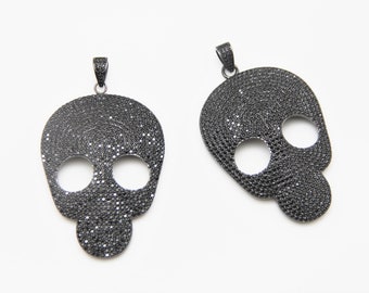 Black CZ Micro Pave 45x65mm Flat Skull Pendant With CZ Bail