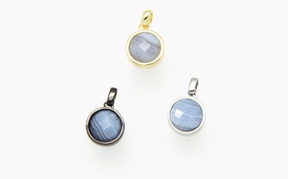 Blue Lace Agate 12mm Coin Shape Brass Bezel Setting Pendant