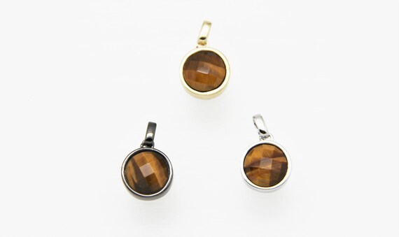 Tiger Eye 12mm Coin Shape Brass Bezel Setting Pendant