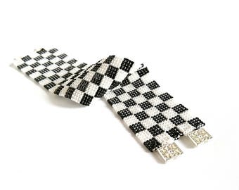 Beaded Black and White Checkered Cuff Bracelet, Toho Treasure Seed Beads Loom Bracelet, Geometric Cuff Bracelet, Designer Beadwork Bracelet