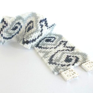 White Gray and Black Beaded Bracelet, Toho Treasure Beads Bracelet, Floral Cuff Bracelet, Designer Beadwork Bracelet
