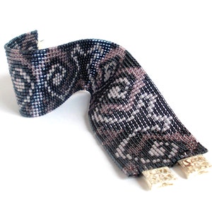 Beaded Black and Violet Bracelet, Toho Treasure Beads Bracelet, Floral Cuff Bracelet, Designer Beadwork Bracelet