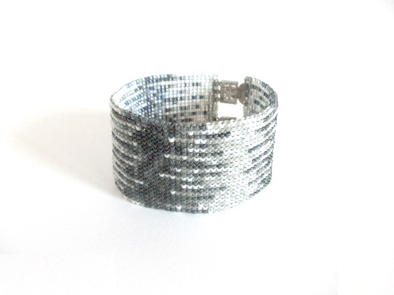 Beaded Grey and White Cuff Bracelet, Toho Treasure Beads Bracelet, Geometric Bracelet, Beaded Cuff Bracelet, Designer Beadwork Bracelet image 2