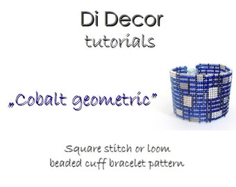 Modello bracciale con perline di semi blu cobalto, modello bracciale con telaio per polsini blu cobalto nero grigio e bianco avorio, modello bracciale con perline di semi Toho