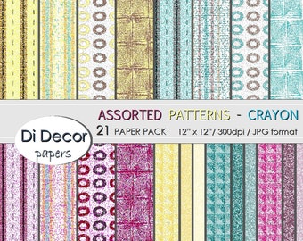 Crayon Patterns Digital Paper Pack, Aqua Blue Yellow Pink Distressed Look Printable Paper, Instant Download Scrapbooking Digital Paper SET14