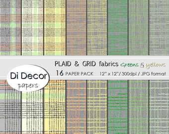 Plaid and Grid Fabrics Pattern Digital Paper Pack, Yellow Green Gray Digital Paper Set, Instant Download Scrapbooking Printable Paper SET10