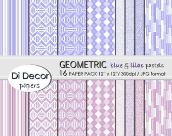 Blue and Lilac Pastels Digital Paper Pack, Scrapbooking Printable Paper Pattern Pack, Geometric Digital Papers Set, Instant Download, SET5