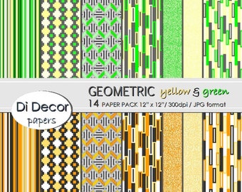 Geometric Digital Paper Pack, Scrapbooking Printable Paper Pattern Pack, Yellow and Green Digital Papers Set, Instant Download, SET3