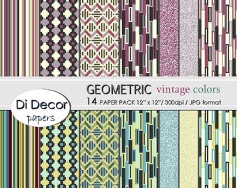 Geometric Digital Paper Pack, Scrapbooking Printable Paper Pattern Pack, Vintage Colors Digital Papers Set, Instant Download, SET4