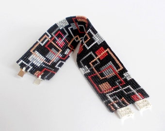 Bracciale Bianco Rosso Nero e Grigio, Toho Treasure Beads Bracelet, Geometric Cuff Bracelet, Square Pattern Bracelet, Designer Beadwork