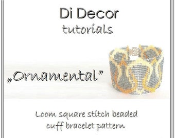 Modello bracciale Loom Square Stitch, modello bracciale Toho Beads Loom, modello bracciale Miyuki Delica Argento Giallo Arancione