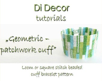 Modello di braccialetto patchwork a punto quadrato Loom, modello di braccialetto di perline di semi, modello di perline Toho o perline Delica, modello di braccialetto con polsino di perline