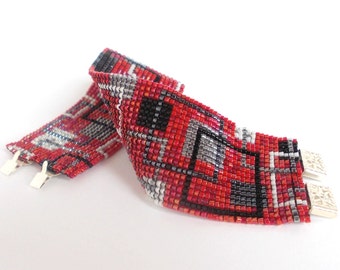 Rosso nero bianco e argento bracciale, Seed Beads Loom bracciale, bracciale modello quadrato, design perline braccialetto di perline