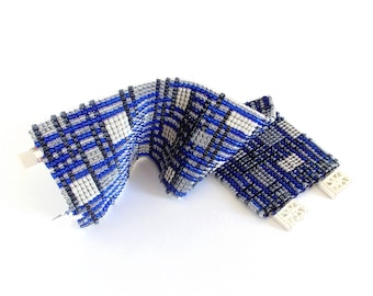 Blu cobalto con bordino bianco avorio e grigio bracciale, braccialetto della perla di seme, geometrico moderno Toho perline bracciale, progettista perline braccialetto