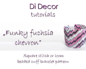 Modello braccialetto con perline telaio quadrato, modello braccialetto funky fucsia Chevron Toho Beads Loom, modello braccialetto con perline di semi