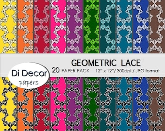 Geometric Lace Digital Paper Pack, Modern Lace Printable Paper Set, Geometric Ornament Rich Colors Scrapbooking Digital Paper SET17