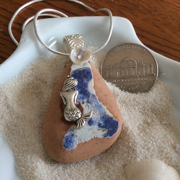 Beautiful Seas in Greece -Sea glass Pottery Mermaid Necklace- greek Pottery Keshi pearl