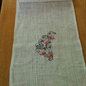 Ivory Burlap Country Table Runner Embroidered with Fall Leaves Entwined in Scrollwork