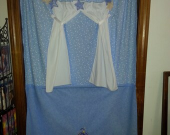 Blue and White Starry Doorway Puppet Theater with Magical Story Book Embroidery