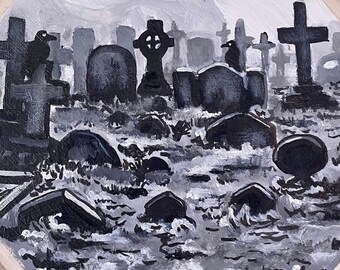 Eerie Cemetery Landscape Acrylic Painting on Wood Slice (7-8")