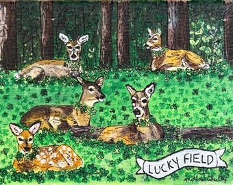 Deer Shamrock Field Acrylic Painting, St. Patrick's Day Art (5x7)