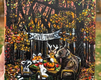 Friendsgiving Acrylic Painting on Canvas, Forest Animals Art (6x6)